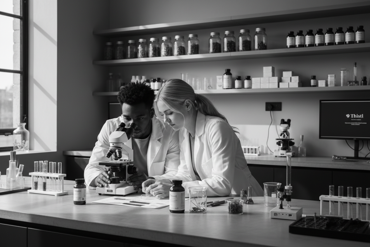 create a greyscale, high definition 4k, photo of a young black man working in a workshop with his white blonde girlfriend on a company called Thistl that uses customers' hair strands to tailor and choose supplements , foods and herbs that help optimize their health